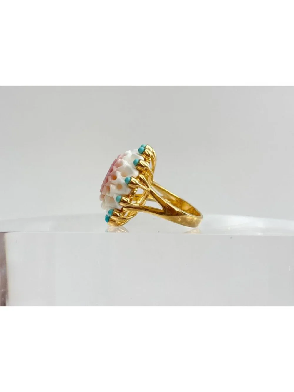 Corniola Shell Turquoise 18k Vermeil Sterling Silver 925 Vintage Ring - sz 10